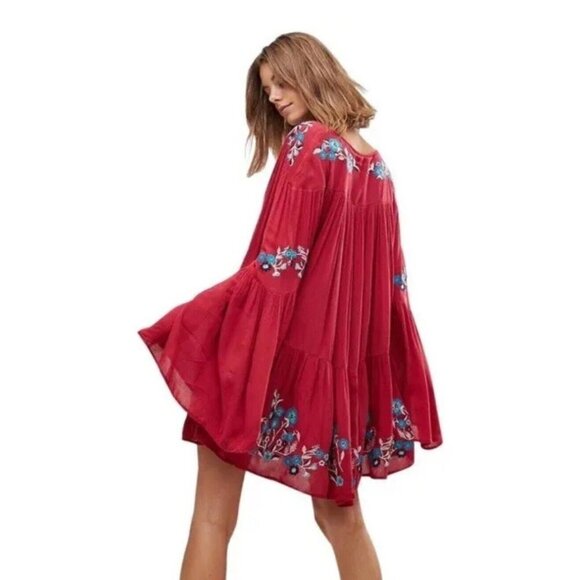 Free People Cherry Red Bell Long Sleeve Boho Embroidered Te Amo Mini Dress Sz S - Picture 2 of 13